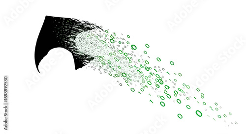 Conceptual data stream emanating from fractured geometric shape on a pristine white backdrop