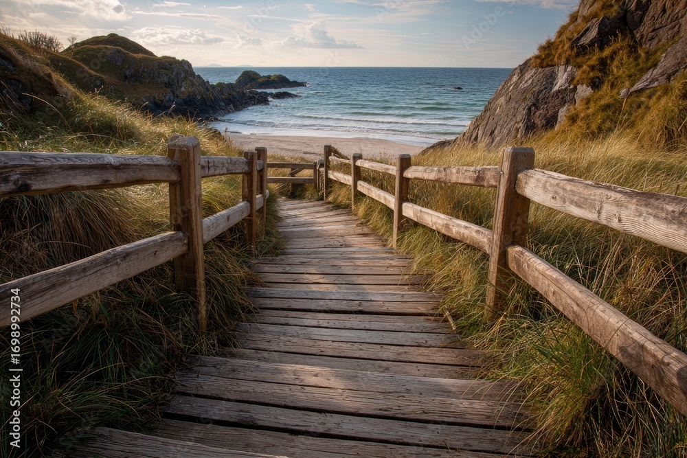 Fototapeta premium Wooden pathway leading down to a sandy beach. Coastal scene
