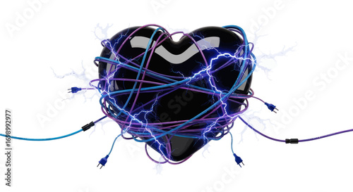 Electrified heart rendering showcases a digital heart entwined with colorful wires and vivid