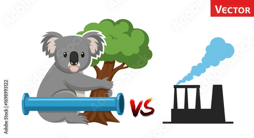Environmental conservation versus industrial pollution illustrated by koala and factory