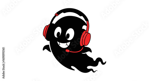 Friendly spectral gamer with headphones communicating through virtual realms online