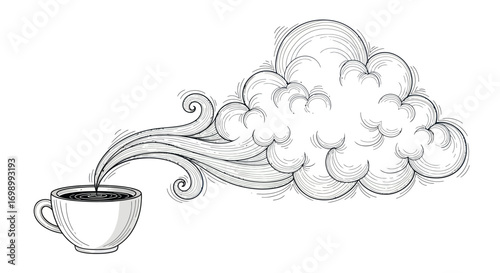 Hand-drawn illustration of hot coffee with steam creating a dreamy cloudscape formation