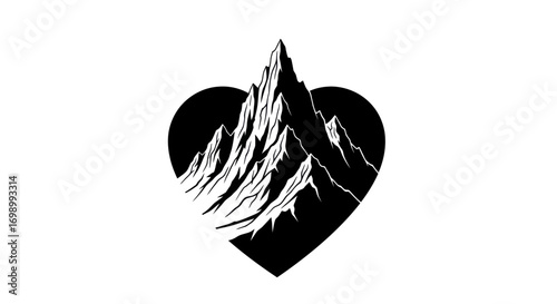 Monochromatic mountain peak silhouette nestled within a heart shape conveying enduring love