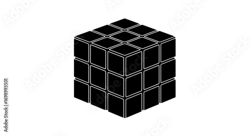 Monochrome rendition of an interactive puzzle cube in a three dimensional configuration