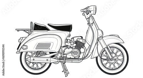 Monochrome vector artwork showcasing a vintage scooter design with clean lines