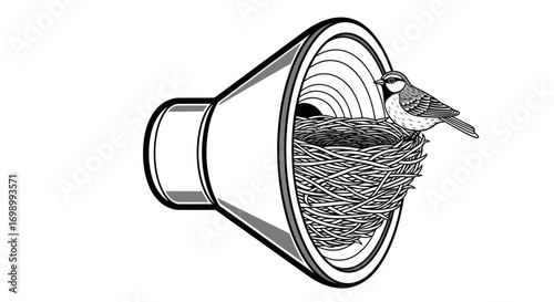 Nature's melody a bird perches atop a speaker filled nest depicting acoustic harmony and natural