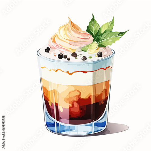 White Russian Cocktail Vector — Creamy Vodka and Coffee Liqueur Drink with Cherry and Berry Garnish