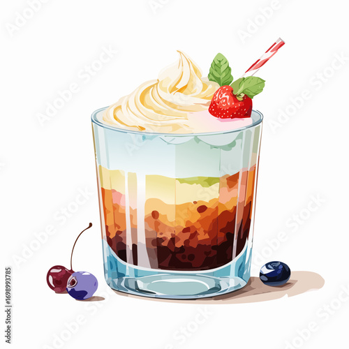 White Russian Cocktail Vector — Creamy Vodka and Coffee Liqueur Drink with Cherry and Berry Garnish