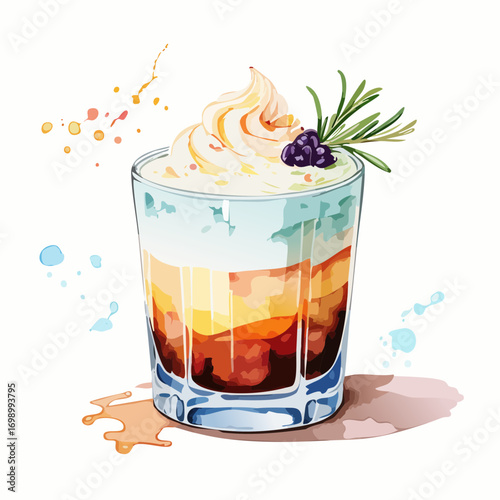 White Russian Cocktail Vector — Creamy Vodka and Coffee Liqueur Drink with Cherry and Berry Garnish