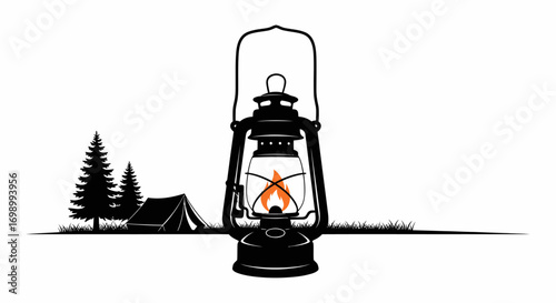 Silhouette of camping scene with vintage lantern, tent and pine trees evokes adventure