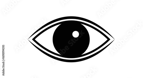 Stylized monochromatic eye icon with layered outline and stark white background aesthetic vision