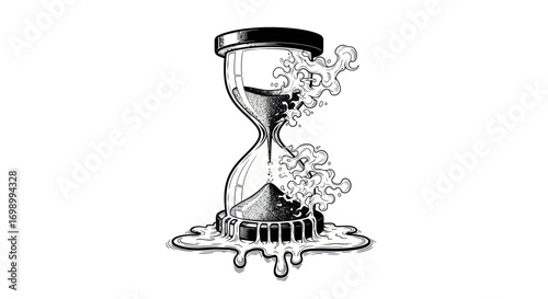 Surreal depiction of an hourglass with flowing elements and intricate ink-style details