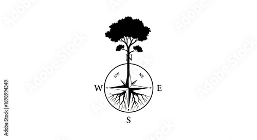 Symbolic depiction combining tree and compass representing growth and navigation concept