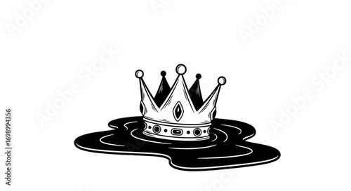Symbolic illustration of a crown in a puddle conveying authority in distress isolated monochrome