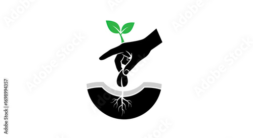 Symbolic representation of growth and nurturing with a silhouette of a hand planting a seedling