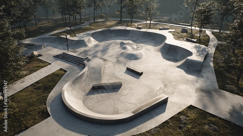 Urban skatepark aerial landscape, concrete bowls, ramps surrounded by trees and walkways