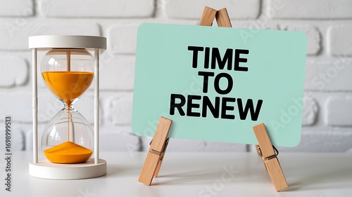 Urgent hourglass timer flowing sand with a sign displaying TIME TO RENEW perfect for business concepts renewal and change