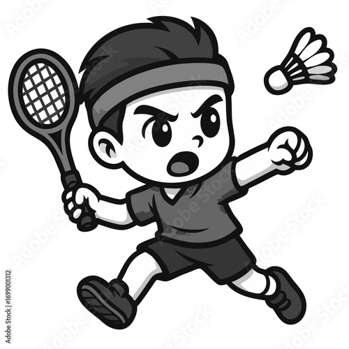 Young boy playing badminton with fierce expression and racket. Cute cartoon style, bold outlines, simplified shapes, big expressive eyes, clean vector look, monochrome grayscale palette, isolated on t