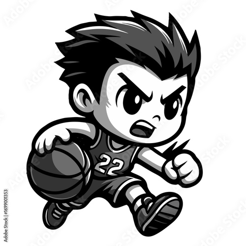 Cartoon boy dribbling basketball while running with determination. Cute cartoon style, bold outlines, simplified shapes, big expressive eyes, clean vector look, monochrome grayscale palette, isolate  