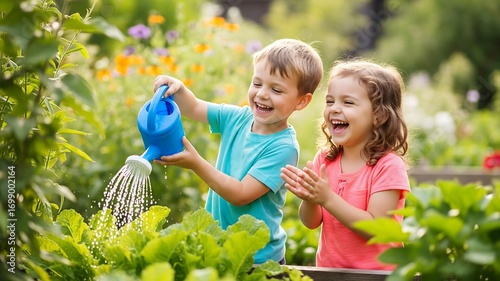 Cheerful Kids Watering Vegetable Garden with Blue Watering Can