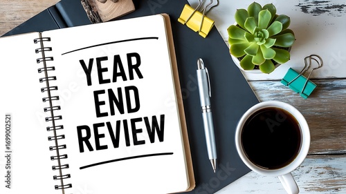 Organize your thoughts and plan future success with a clear year end review notebook, pen, and coffee on a rustic desk, inspiring productivity and reflection.