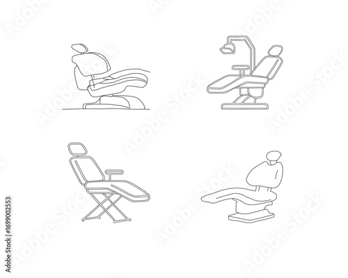 Dental chair vector set. Dentist chair illustration. Dental equipment line art. Collection of dental chair vector icons in simple line art style. Modern dentist chair illustrations.