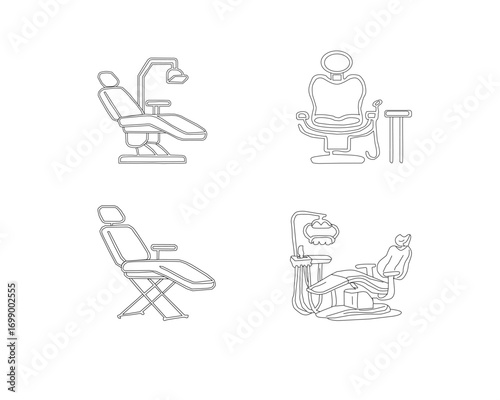Dental chair vector set. Dentist chair illustration. Dental equipment line art. Collection of dental chair vector icons in simple line art style. Modern dentist chair illustrations.
