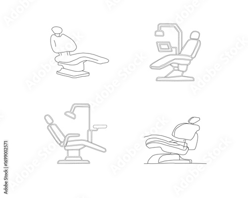 Dental chair vector set. Dentist chair illustration. Dental equipment line art. Collection of dental chair vector icons in simple line art style. Modern dentist chair illustrations.