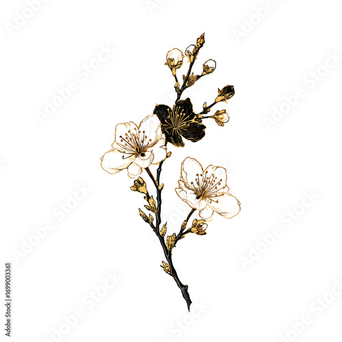 Golden Blossom's Embrace: A delicate floral design featuring stunning cherry blossoms, each petal elegantly adorned with golden accents, set against a clean backdrop