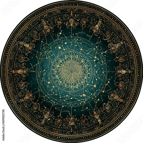 Celestial Circle: A stunning illustration showcasing an intricate golden zodiac design set against a deep teal backdrop. The artwork captures the mystical beauty of celestial bodies.