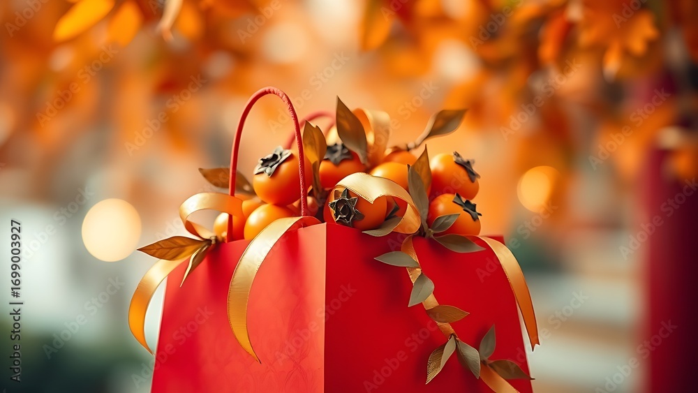 Naklejka premium A vibrant red shopping bag overflowing with festive gold ribbons and seasonal persimmons against a soft autumn backdrop.
