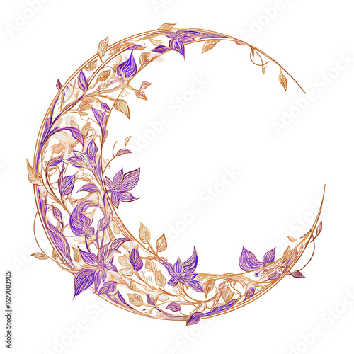 Celestial Adornment: An exquisite crescent moon, intricately adorned with delicate leaves and flowers in vibrant hues of gold and violet, is a beautiful illustration of natural art