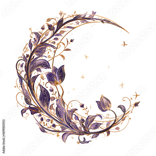 Celestial Bloom: A crescent moon, adorned with an exquisite arrangement of intricate floral elements in rich hues, evokes the mystic beauty of celestial wonders.