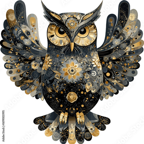 Enchanting Owl Artwork: A captivating artwork showcases a detailed owl illustration, adorned with intricate patterns in hues of gold and navy, creating a magical scene