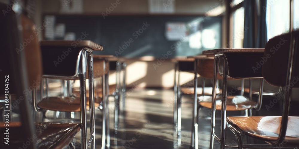 Fototapeta premium Classroom interior with rows of empty wooden desks and chairs, chalkboard in background, soft daylight streaming in, concept for education, learning environment and academic success
