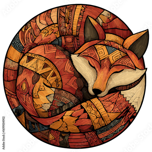 Fox Dreaming in Ornate Embrace: An artistic representation of a curled-up fox enveloped in an intricate display of geometric patterns. This artwork is a dreamlike fusion of nature, art.