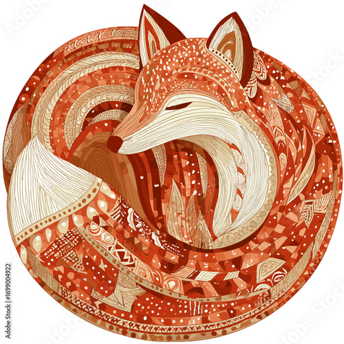 Whimsical Fox in Circular Pattern: A detailed, artful illustration of a fox curled in a circle, showcasing intricate patterns and vibrant colors in a unique, eye-catching design.