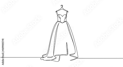 Elegant wedding dress illustration in line style, transparent background  