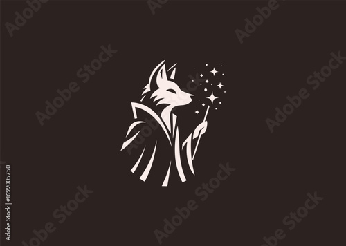 A simple minimalist logo of a fox wearing a wizard robe in silhouette style, symbolizing cleverness, magic, creativity, and mystery