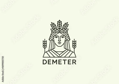 A geometric line art logo of Demeter, goddess of harvest, representing fertility, agriculture, nourishment, and abundance
