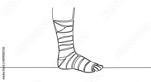 Injured foot with bandages in line style, transparent background  