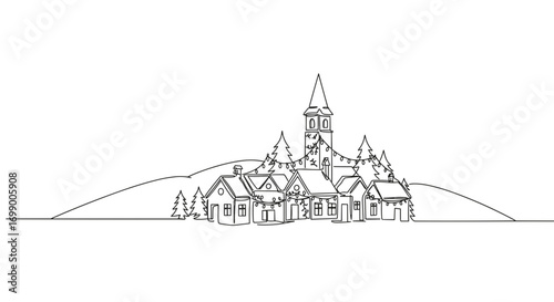 Line drawing of a village with buildings and trees on a hilltop  