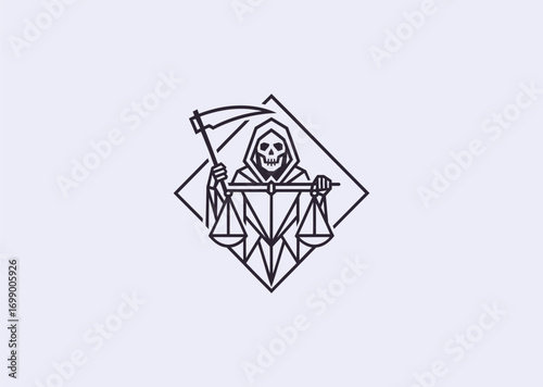 A geometric line art logo of the Grim Reaper holding scales of justice, symbolizing death, fairness, destiny, and balance of life