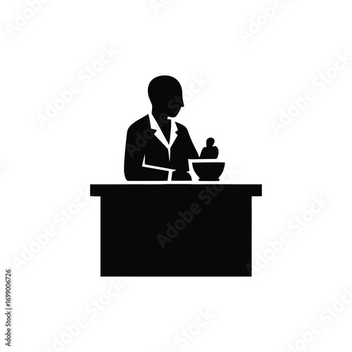 Pharmacist Compounding with Mortar and Pestle at Counter – Vector Silhouette