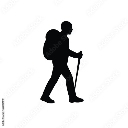 Hiker with Backpack and Trekking Pole – Outdoor Adventure Silhouette