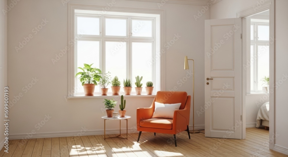 Fototapeta premium Bright Interior with Orange Armchair, Plants, and Sunlight Streaming Through Window