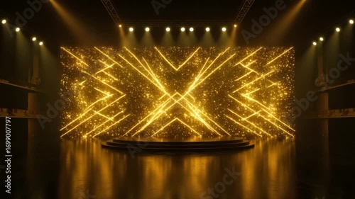 An empty circular stage with a reflective floor under spotlights, in front of a large screen with a golden sparkling geometric light display.