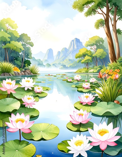 Serene lake landscape with lotus blossoms