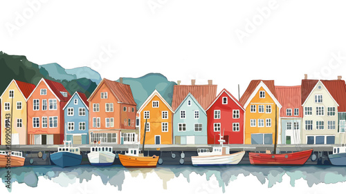 Bryggen Wharf. Bryggen Wharf watercolor vector illustration