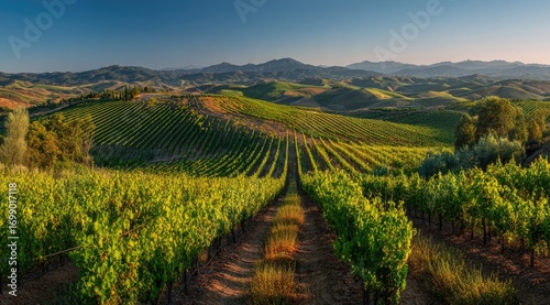 Wallpaper Mural Sun-drenched vineyard landscape.  Rolling hills, vibrant green vines, and a clear,  blue sky.  Distance mountains Torontodigital.ca